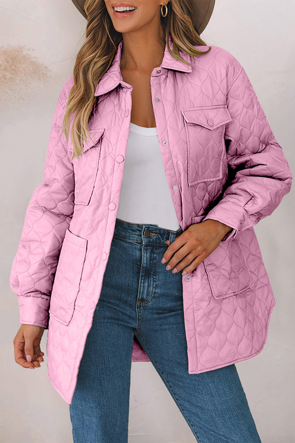 Snap Down Collared Winter Coat - Pink / S