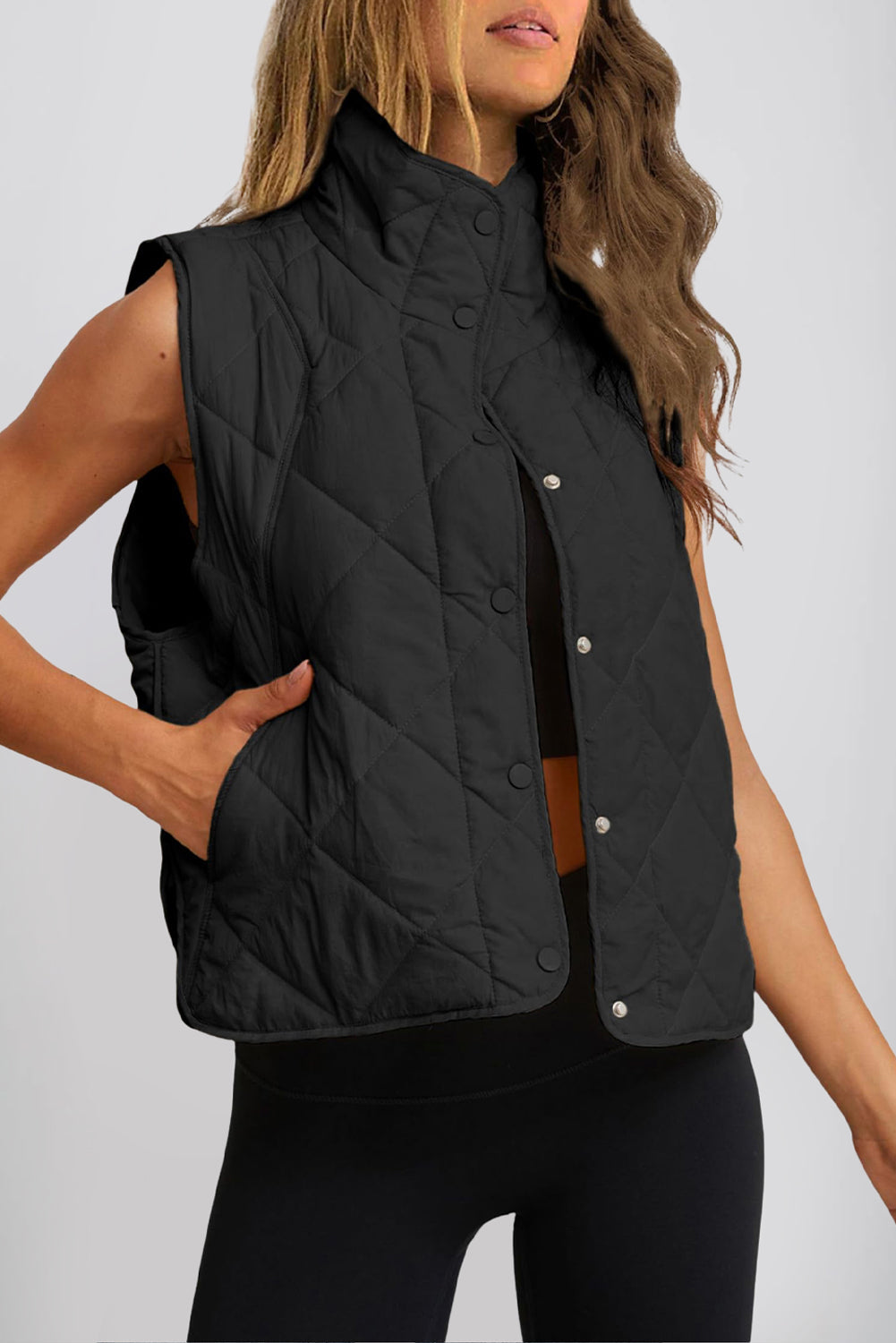 Snap Down Texture Vest Coat with Pockets - Black / S