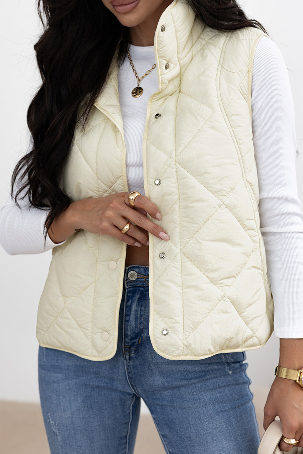 Snap Down Texture Vest Coat with Pockets - Ivory / S