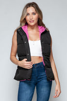 Snobbish Snap and Zip Closure Hooded Vest - Black/Rose Violet / S