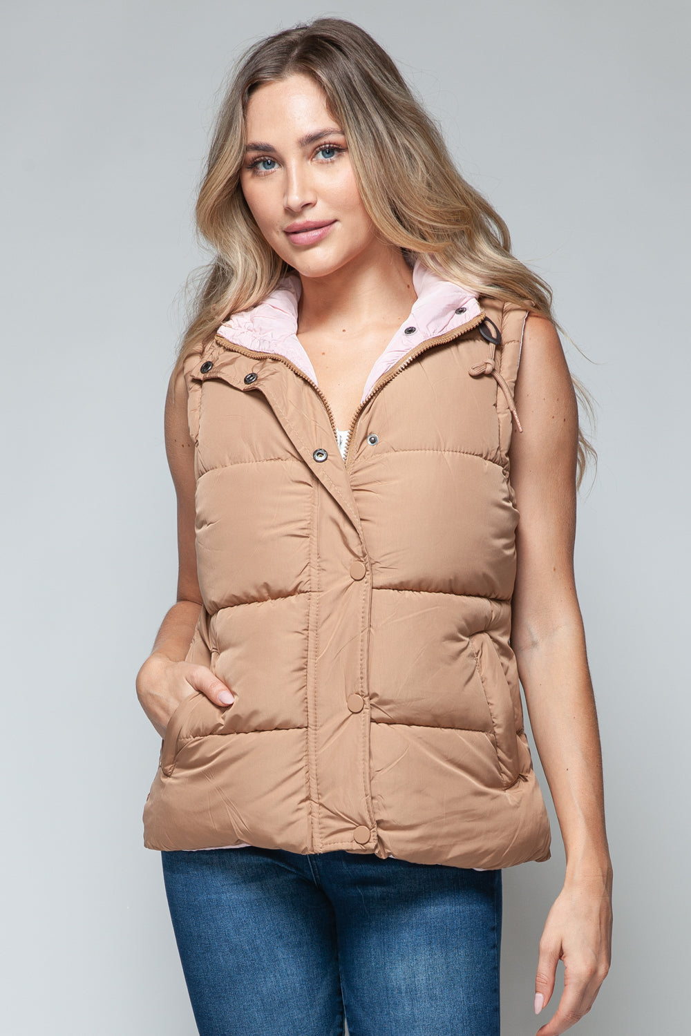 Snobbish Snap and Zip Closure Hooded Vest - Camel / S