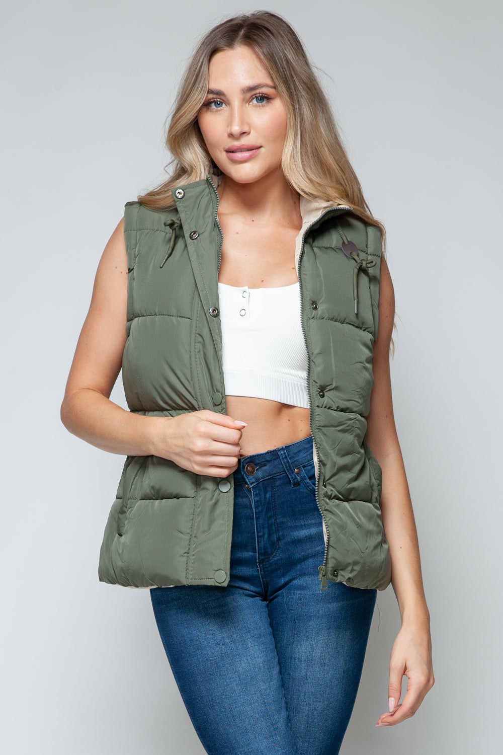 Snobbish Snap and Zip Closure Hooded Vest - Light Olive/Sand / S