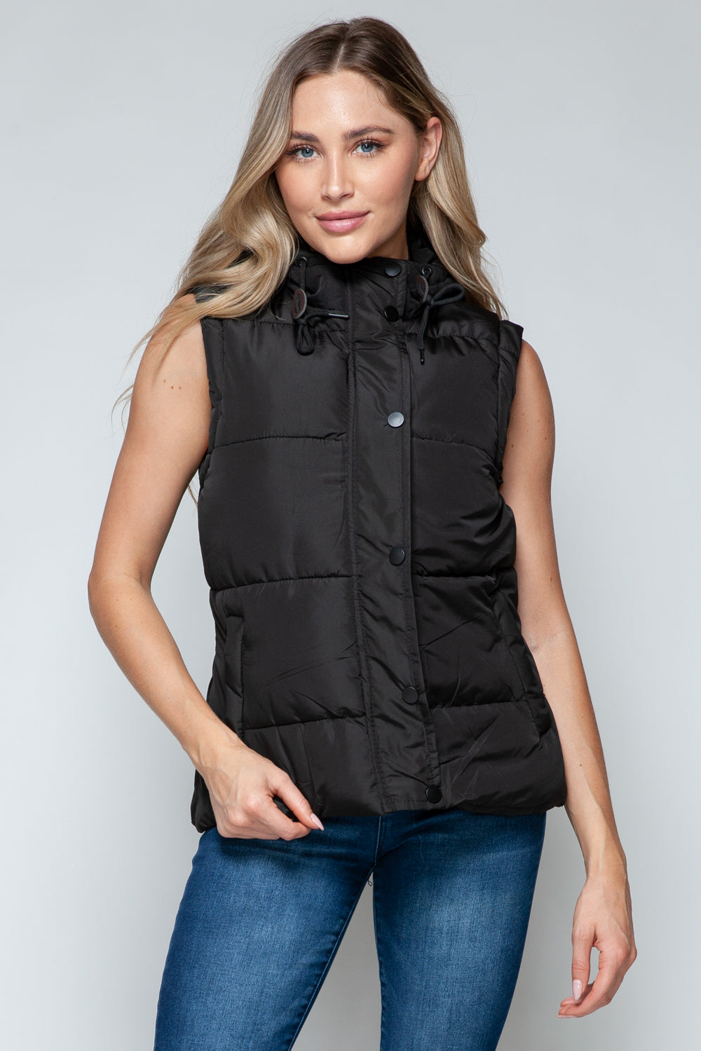 Snobbish Snap and Zip Closure Hooded Vest - Midnight/Black / S