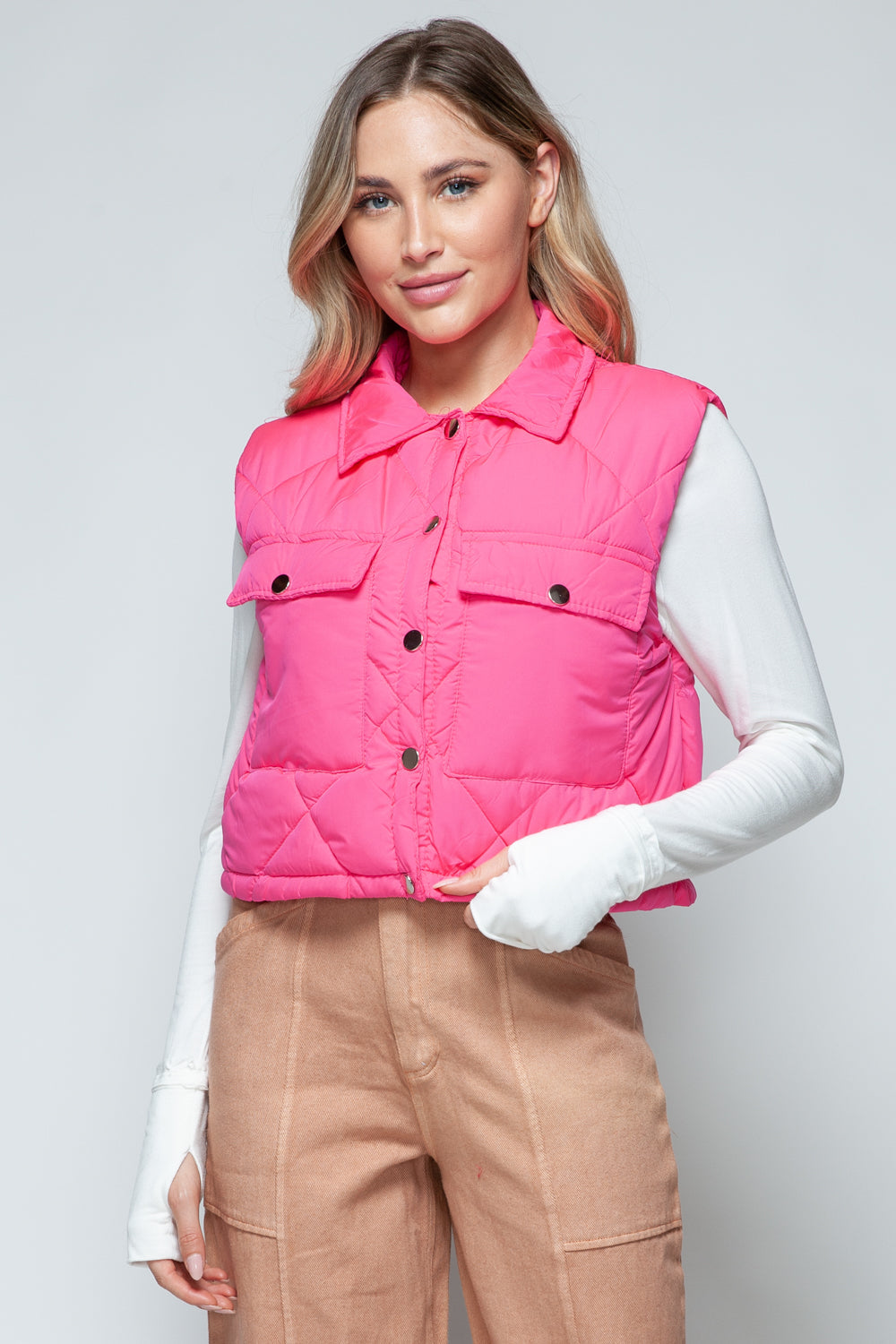 Snobbish Snap Down Quilted Crop Vest - Hot Pink / S