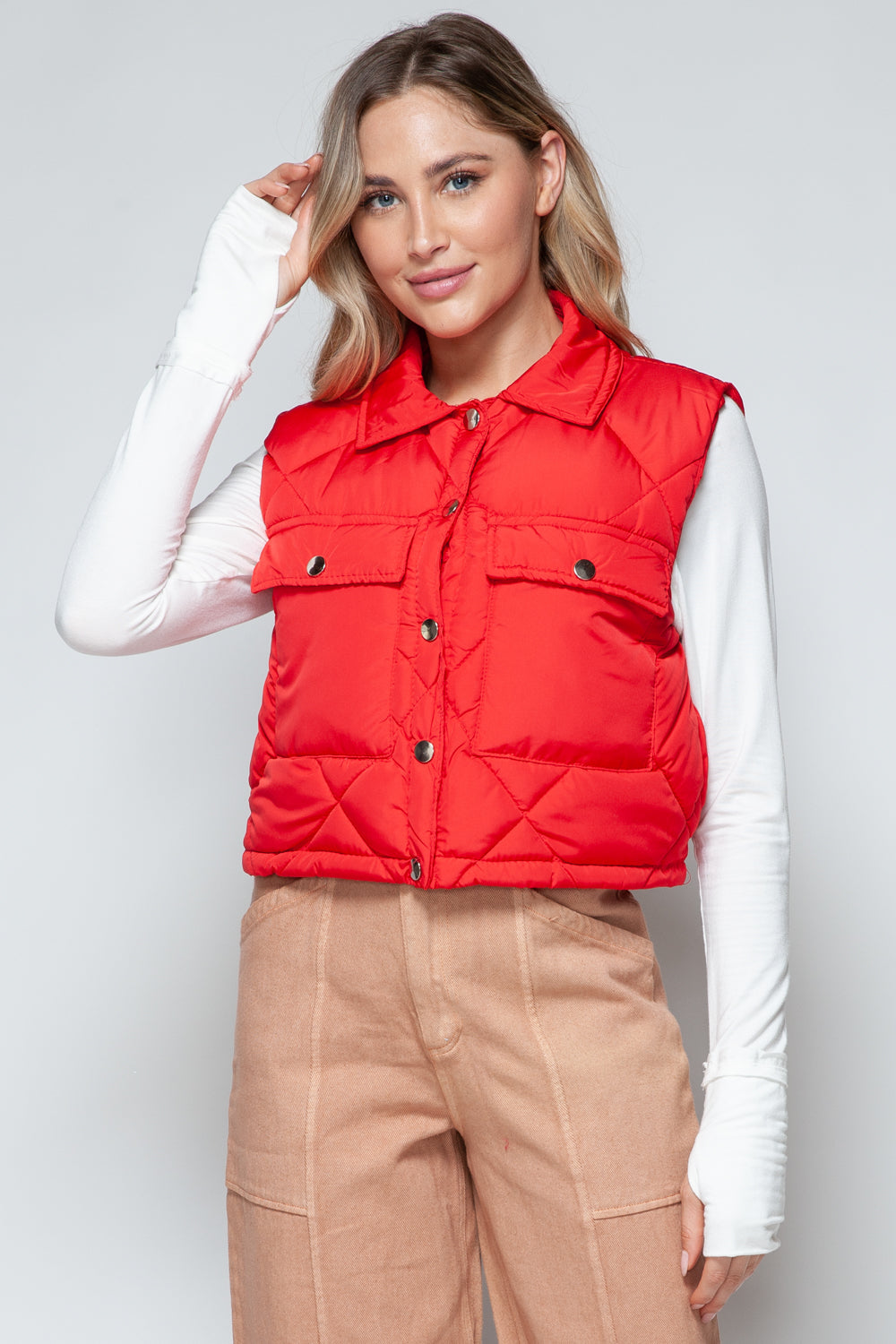 Snobbish Snap Down Quilted Crop Vest - Red / S