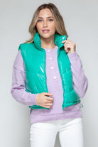 Snobbish Zip Up Turtleneck Shiny Quilted Vest - Green / S