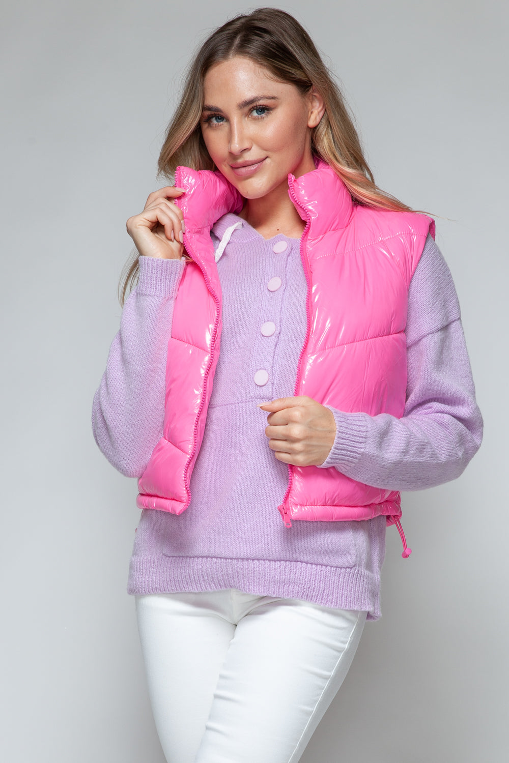 Snobbish Zip Up Turtleneck Shiny Quilted Vest - Hot Pink / S