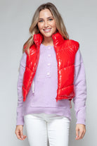 Snobbish Zip Up Turtleneck Shiny Quilted Vest - Red / S