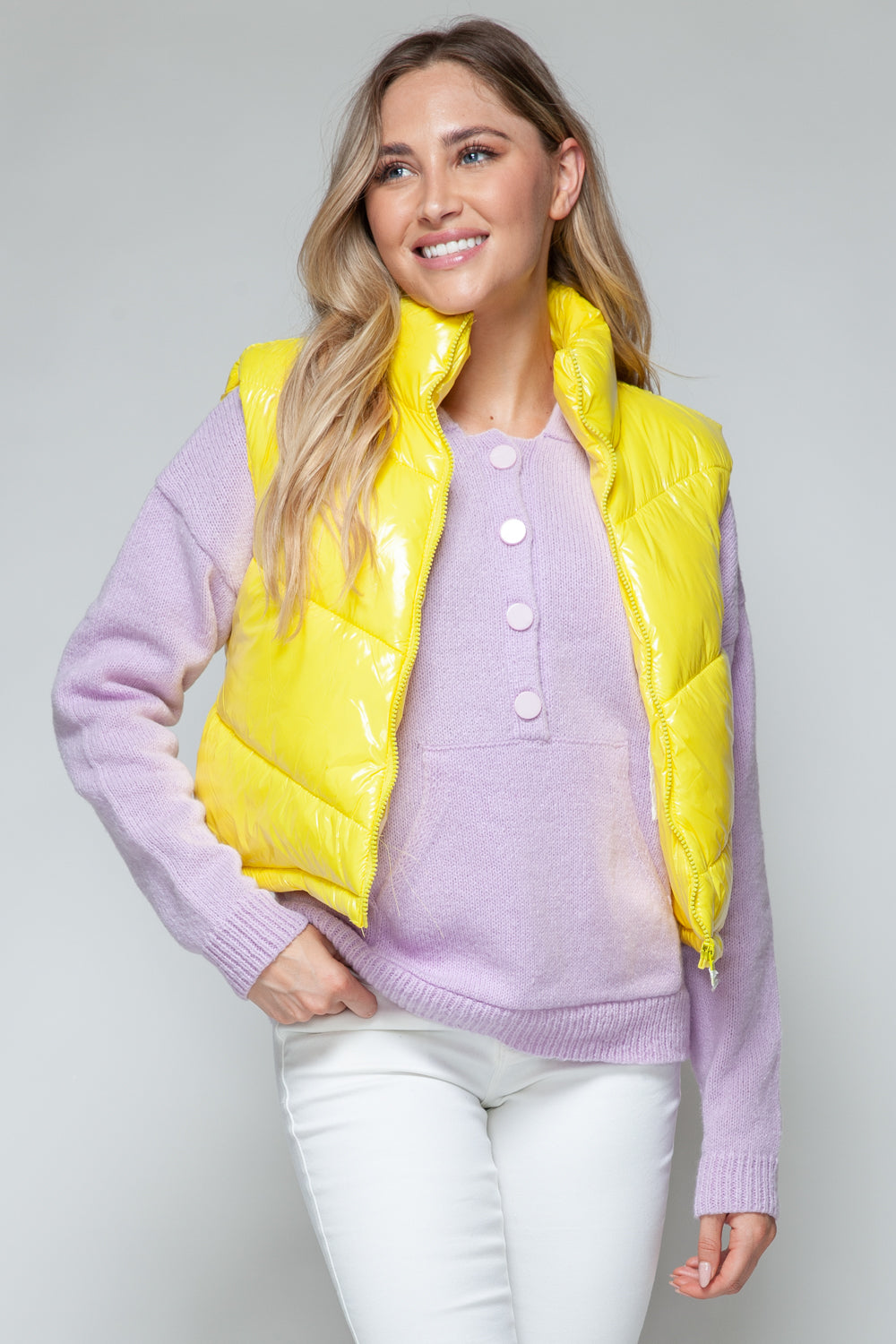 Snobbish Zip Up Turtleneck Shiny Quilted Vest - Yellow / S