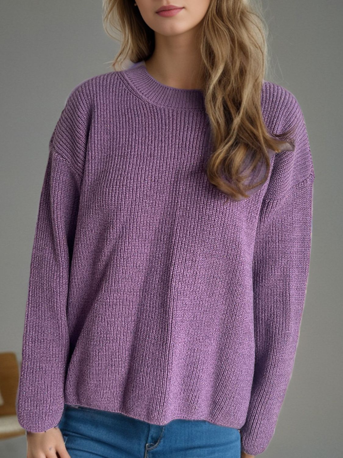 Solid Color Round Neck Long Sleeve Sweater - Mauve / One Size