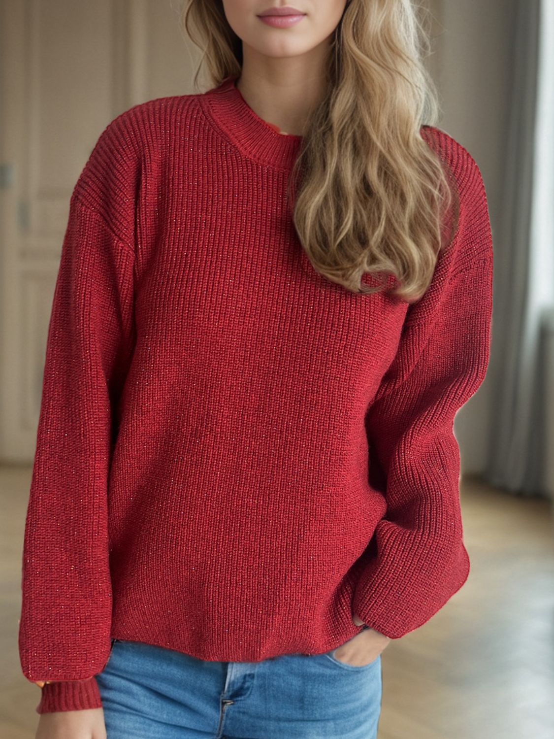 Solid Color Round Neck Long Sleeve Sweater - Scarlet / One Size