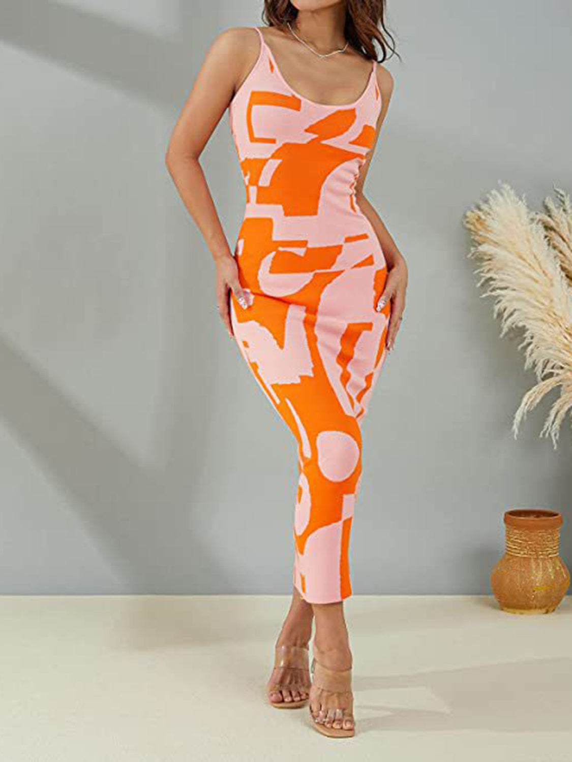 Spaghetti Strap Maxi Sweater Dress - Orange / S