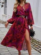 Split Printed Surplice Long Sleeve Midi Dress - Scarlet / S