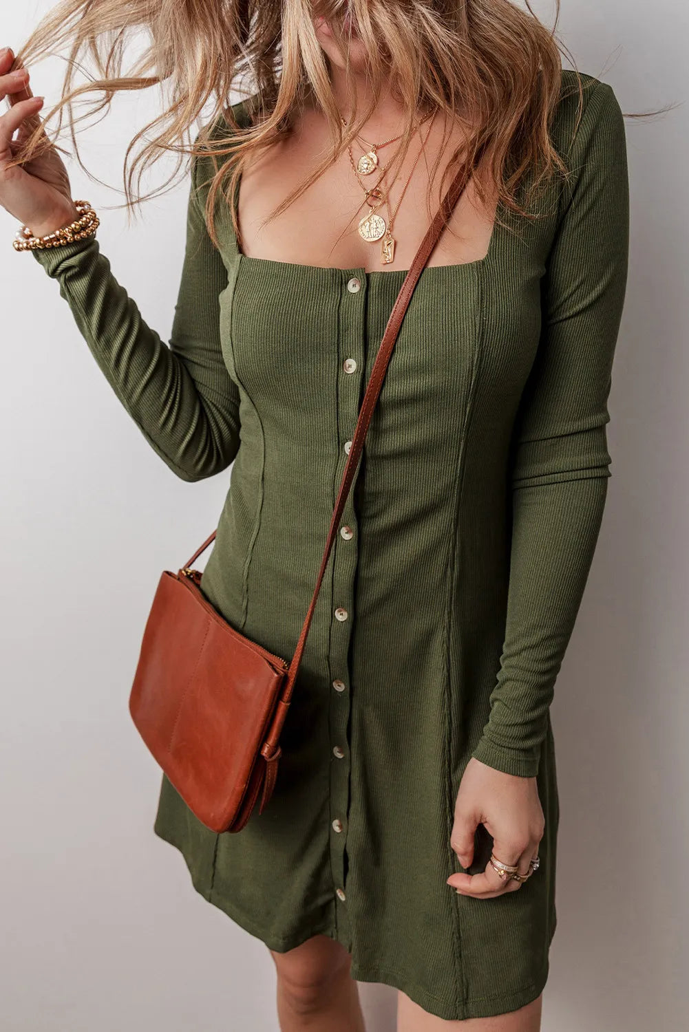 Square Neck Long Sleeve Mini Dress - Army Green / S