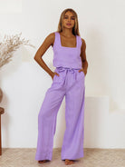 Square Neck Sleeveless Top and Pants Set - Lavender / S