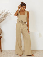 Square Neck Sleeveless Top and Pants Set - Tan / S