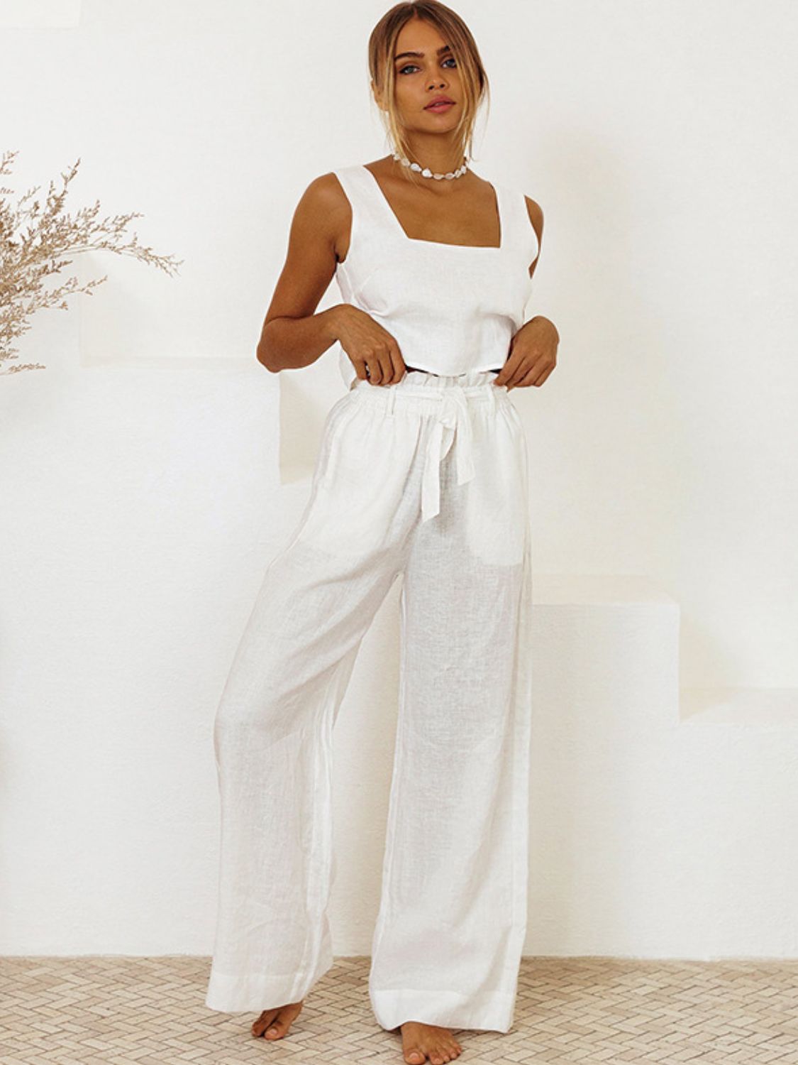 Square Neck Sleeveless Top and Pants Set - White / S