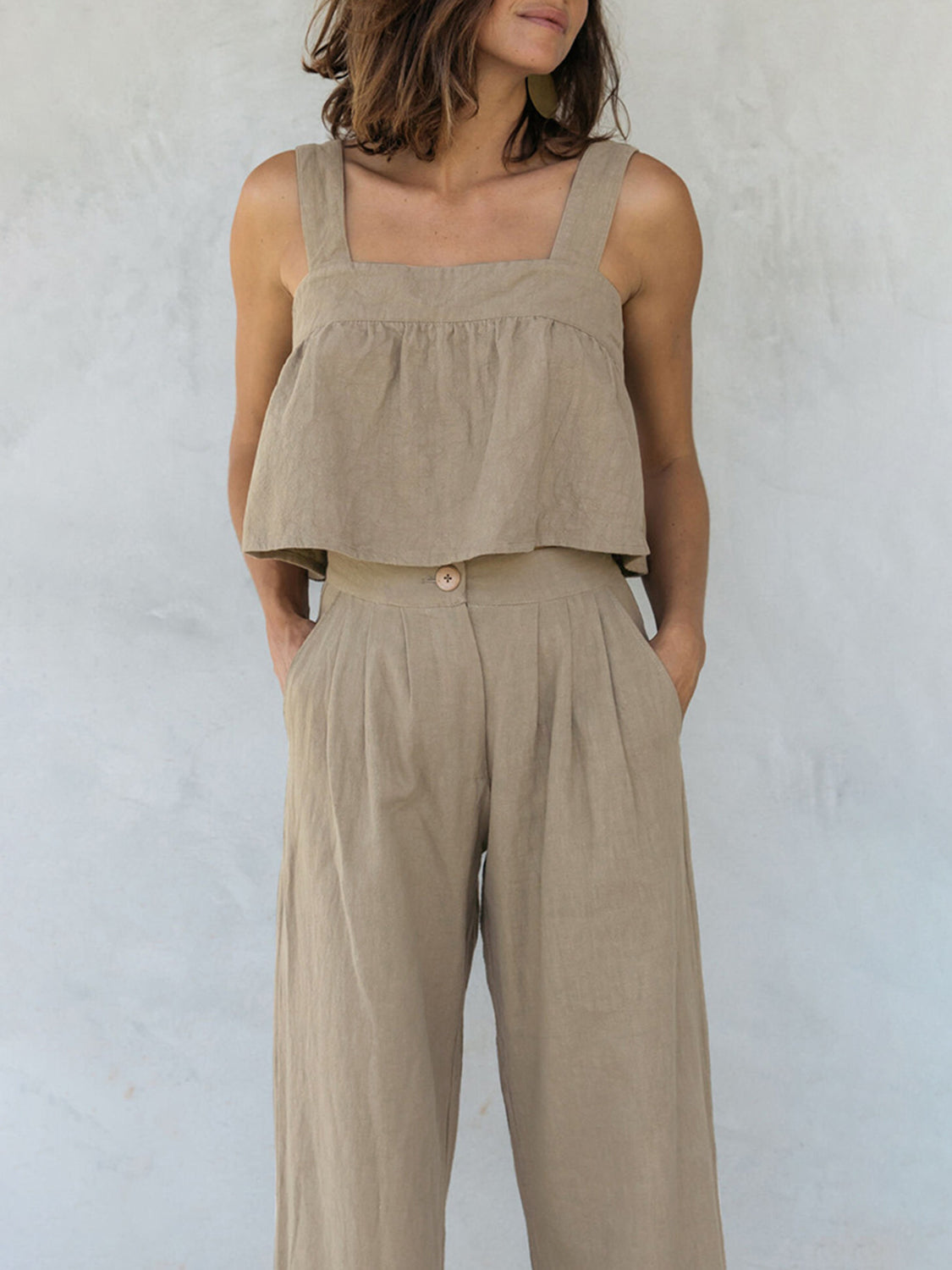 Square Neck Wide Strap Top and Pants Set - Khaki / S