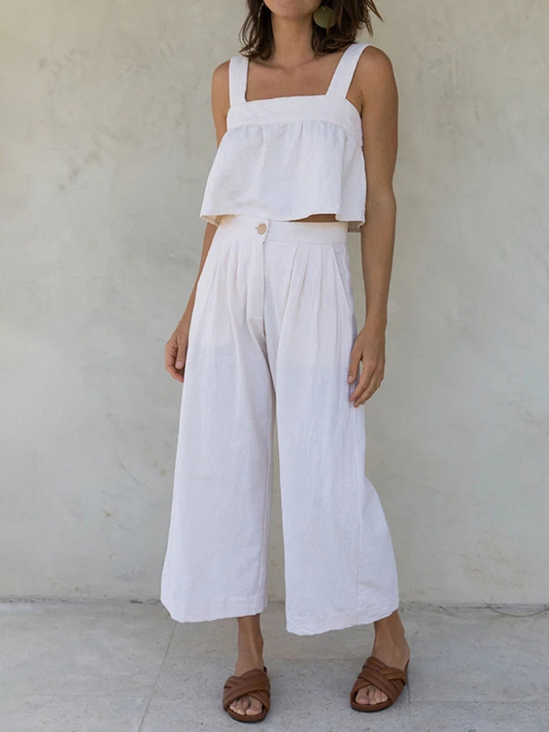 Square Neck Wide Strap Top and Pants Set - White / S