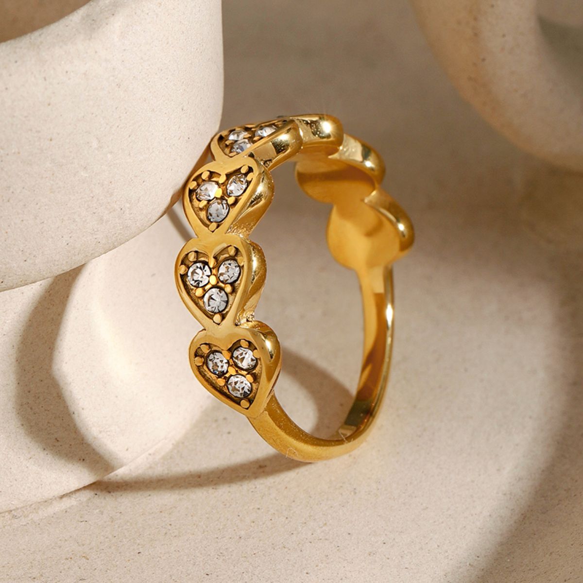 Stainless Steel Inlaid Zircon Heart Ring - Gold / 7