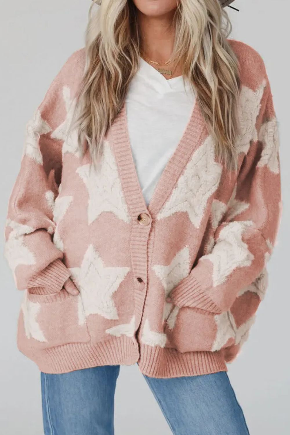 Star Button Up Long Sleeve Cardigan - Dusty Pink / M