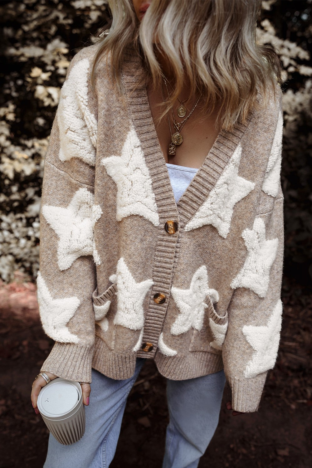 Star Button Up Long Sleeve Cardigan - Mocha / S