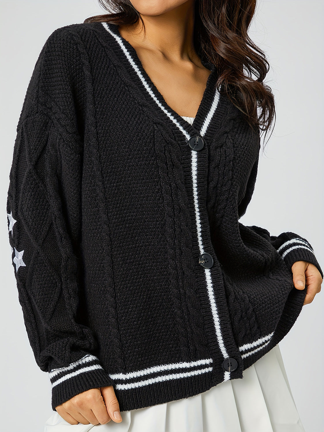 Star Embroidered V-Neck Long Sleeve Cardigan - Black / One Size