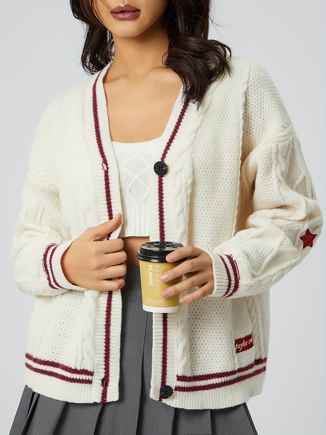 Star Embroidered V-Neck Long Sleeve Cardigan - Burgundy / One Size
