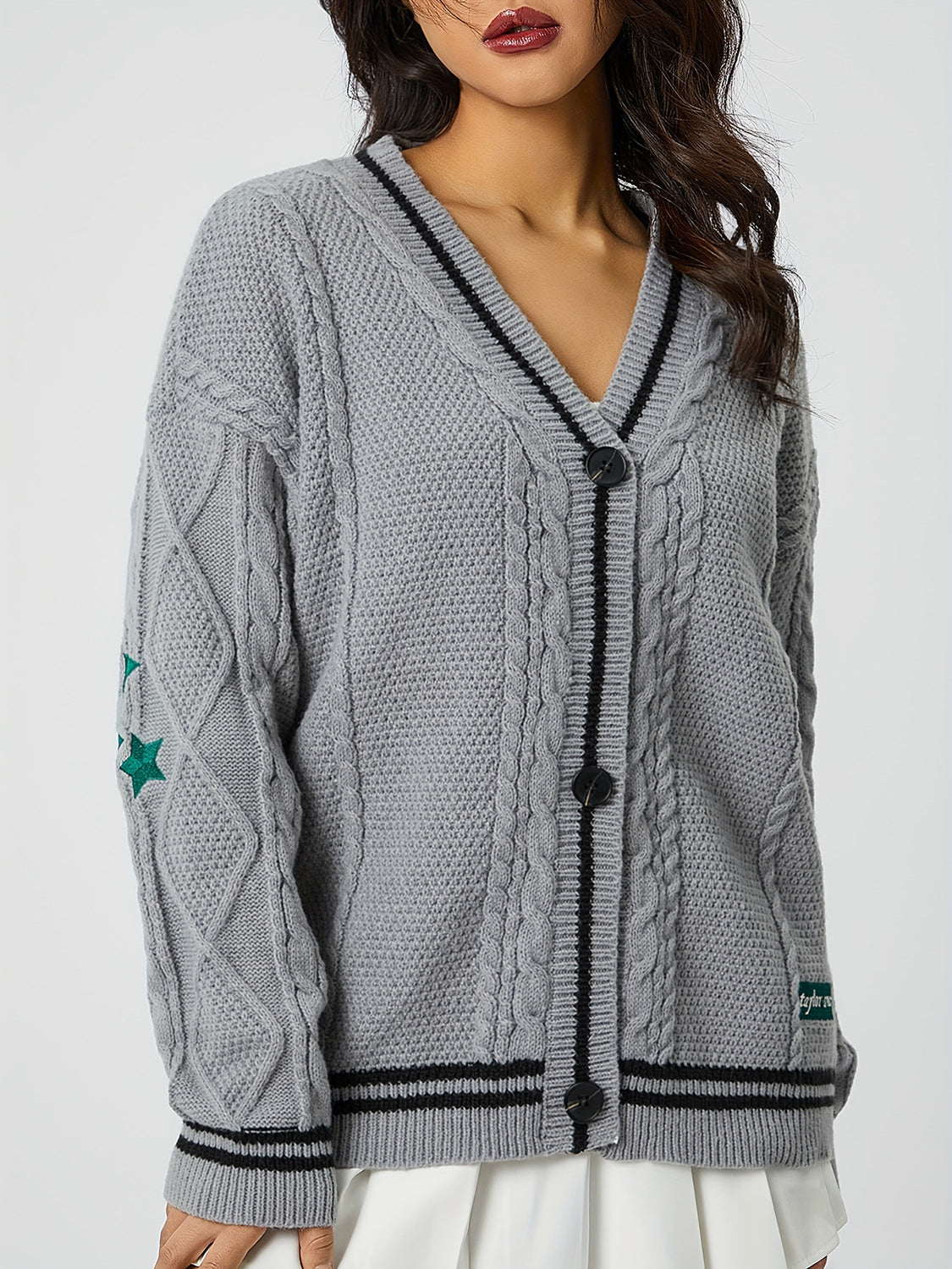 Star Embroidered V-Neck Long Sleeve Cardigan - Gray / One Size