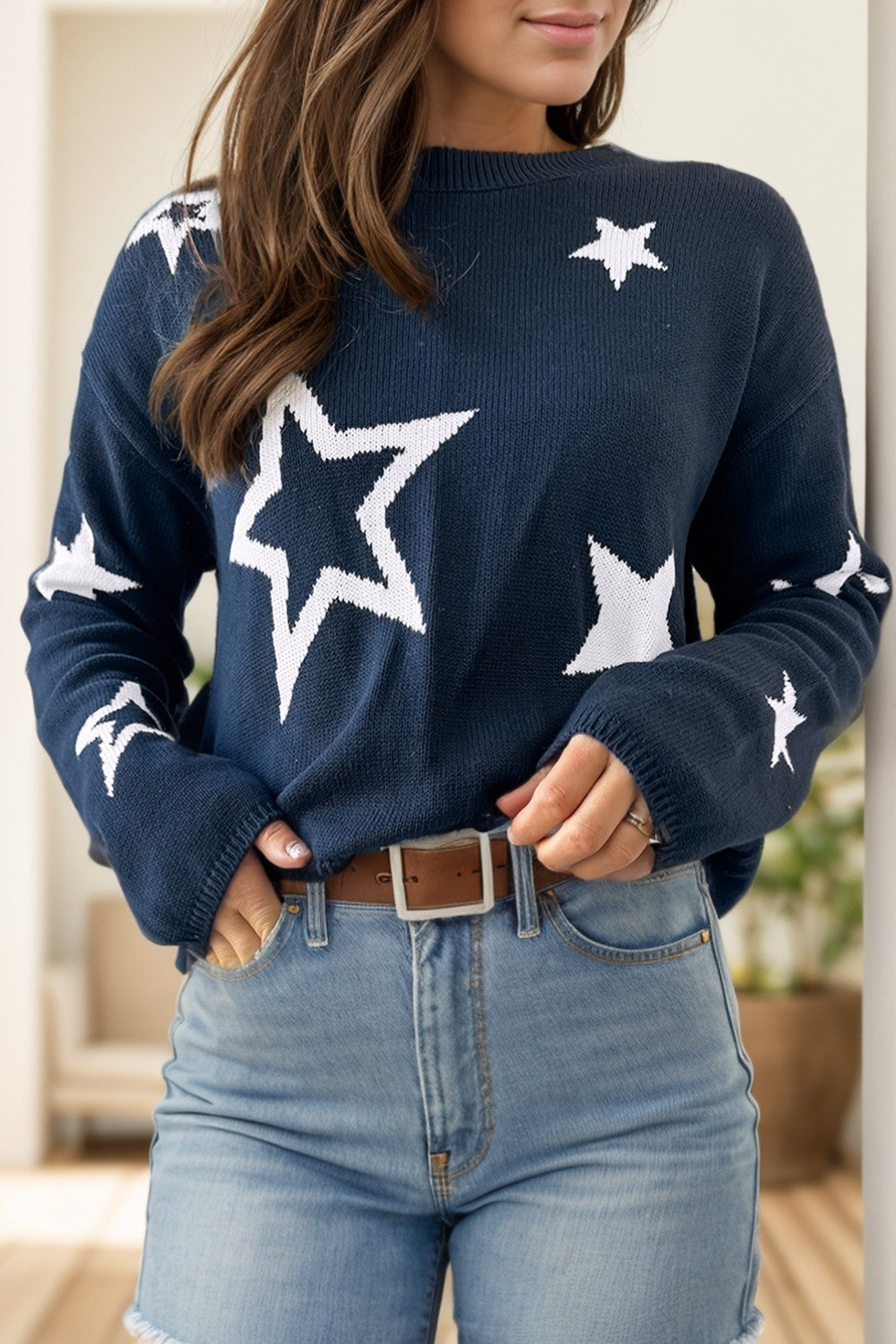 Star Round Neck Long Sleeve Sweater - Dark Navy / S