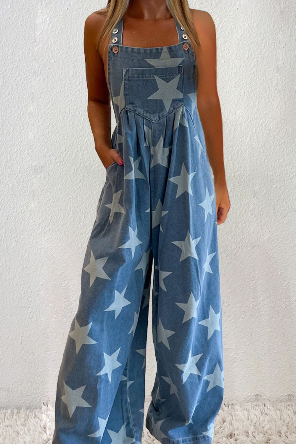 Star Square Neck Wide Leg Denim Overalls - Medium / S