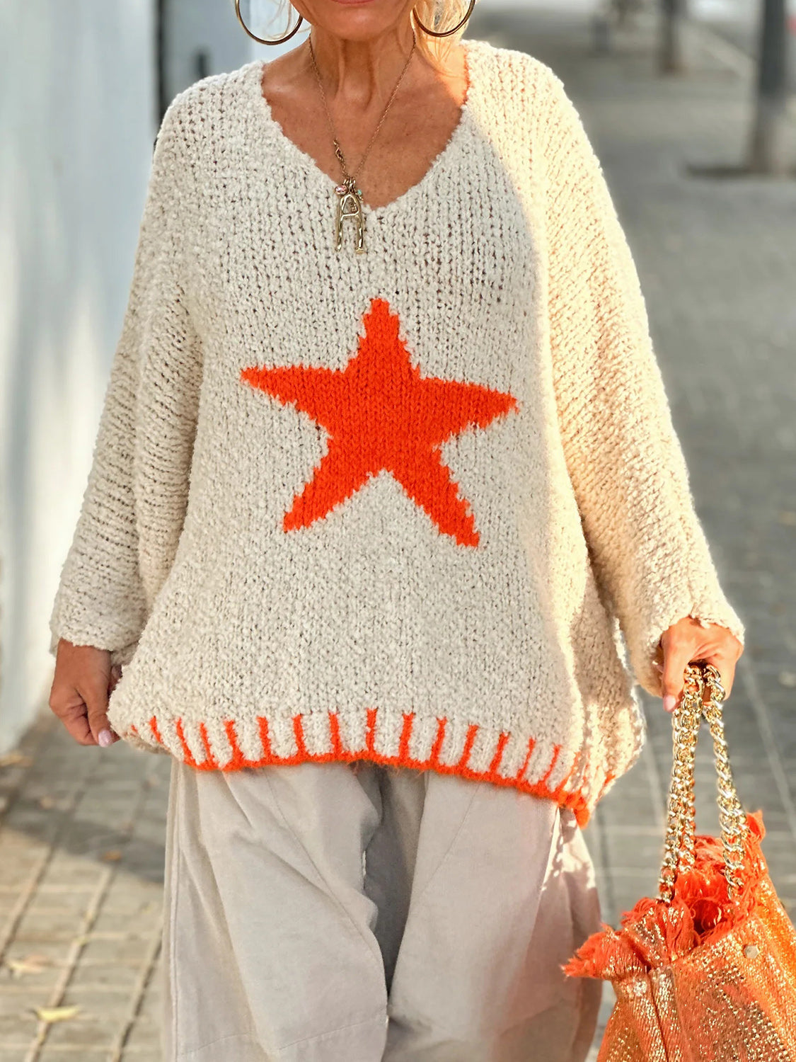 Star V-Neck Long Sleeve Oversize Sweater - Orange / S/M