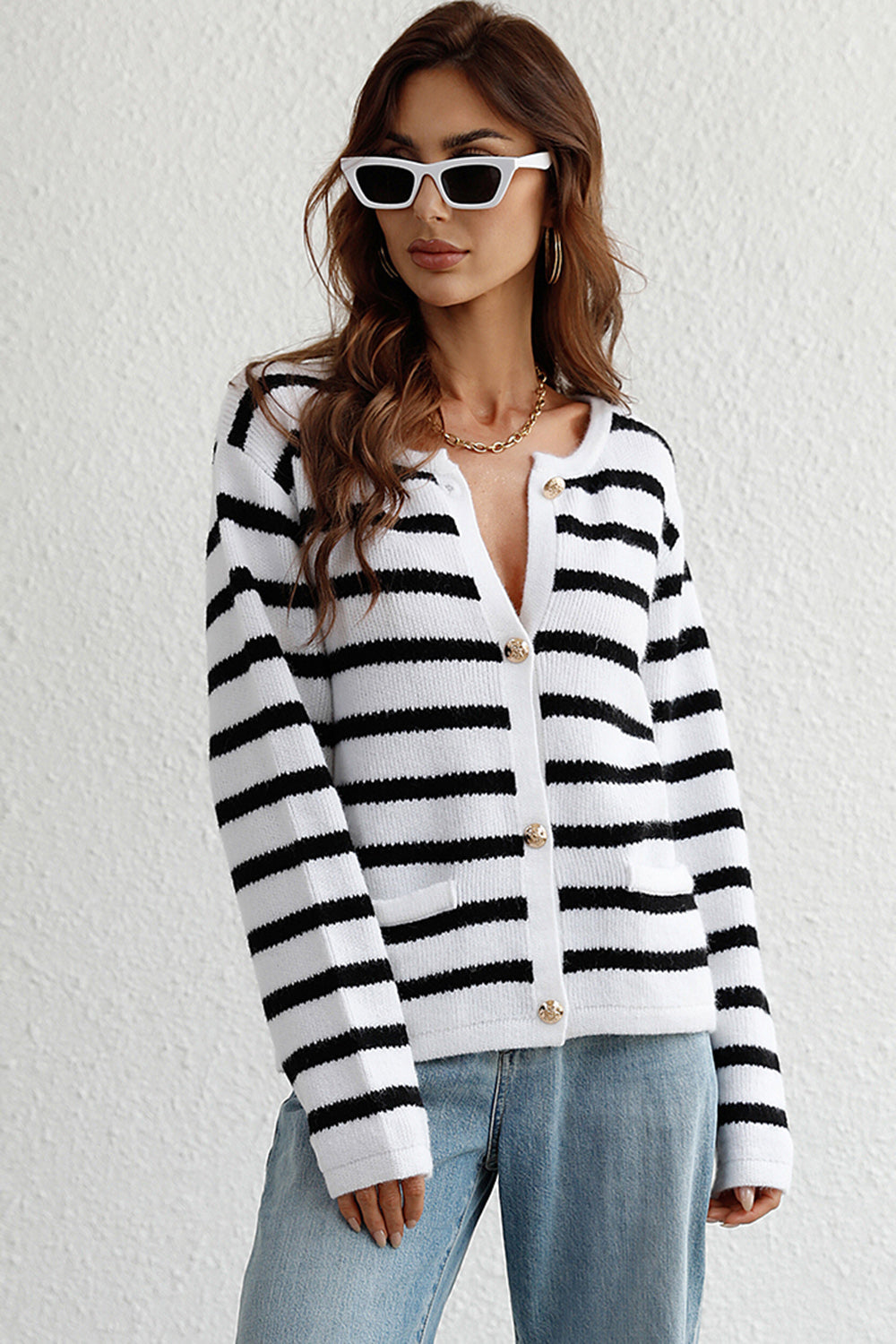 Striped Button Down Long Sleeve Cardigan - White / S