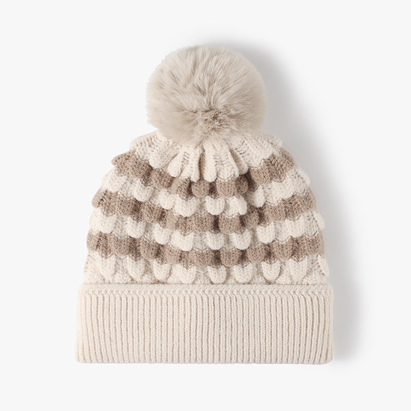 Striped Contrast Knit Hat with Pom-pom - Beige / One Size