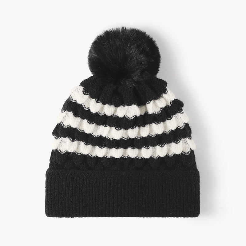 Striped Contrast Knit Hat with Pom-pom - Black / One Size