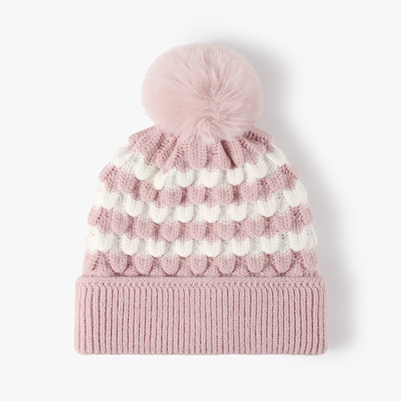 Striped Contrast Knit Hat with Pom-pom - Blush Pink / One Size