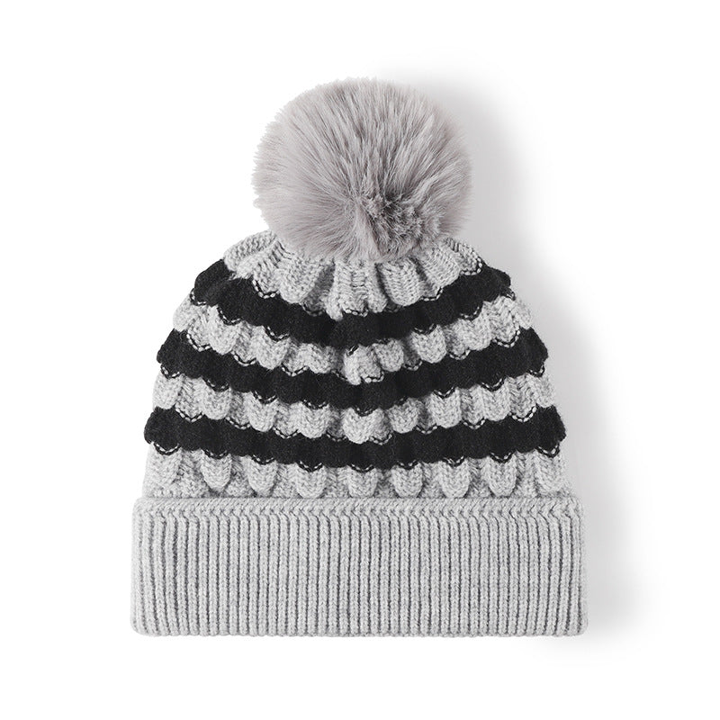 Striped Contrast Knit Hat with Pom-pom - Gray / One Size