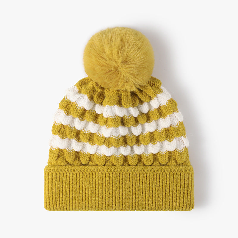 Striped Contrast Knit Hat with Pom-pom - Yellow / One Size