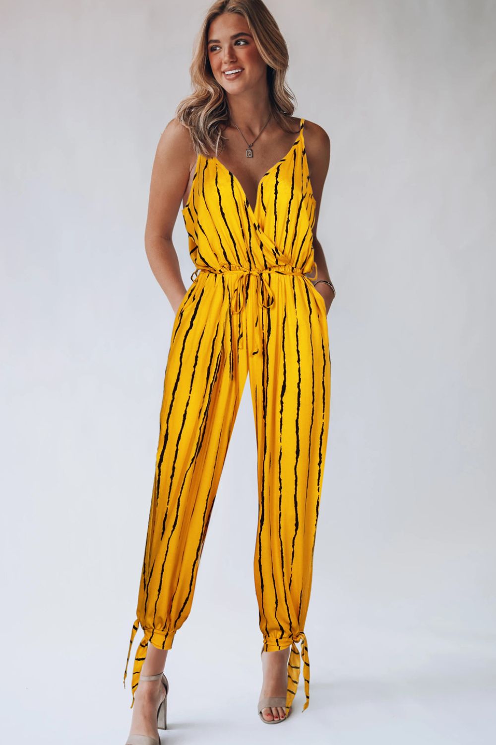 Striped Contrast Tie Ankle Spaghetti Strap Jumpsuit - Gold / S