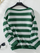 Striped Dropped Shoulder Long Sleeve Sweater - Dark Green / S