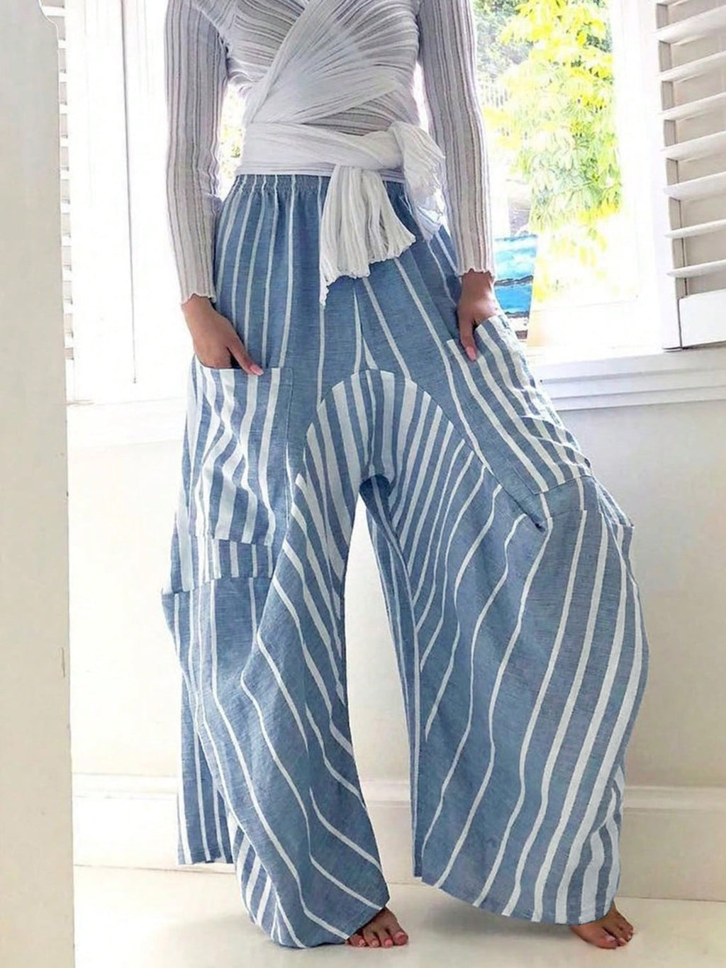Striped Elastic Waist Wide Leg Pants - Light Blue / S