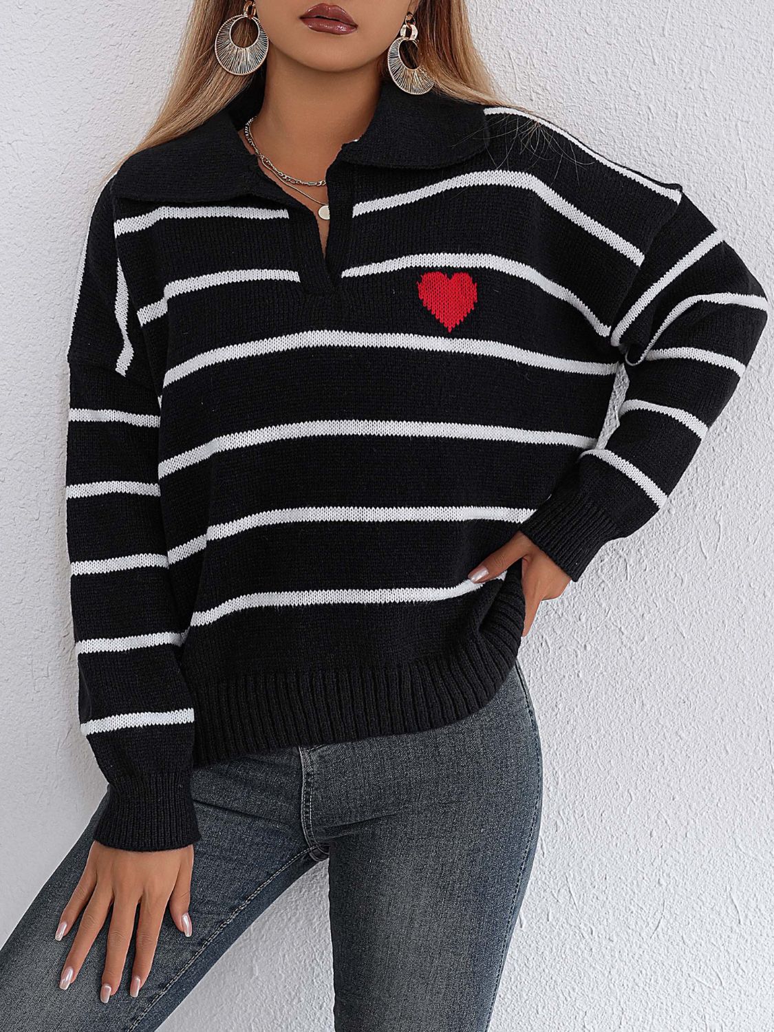 Striped Johnny Collar Long Sleeve Sweater - Black / One Size