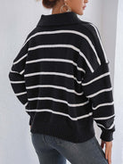 Striped Johnny Collar Long Sleeve Sweater - Black / One Size