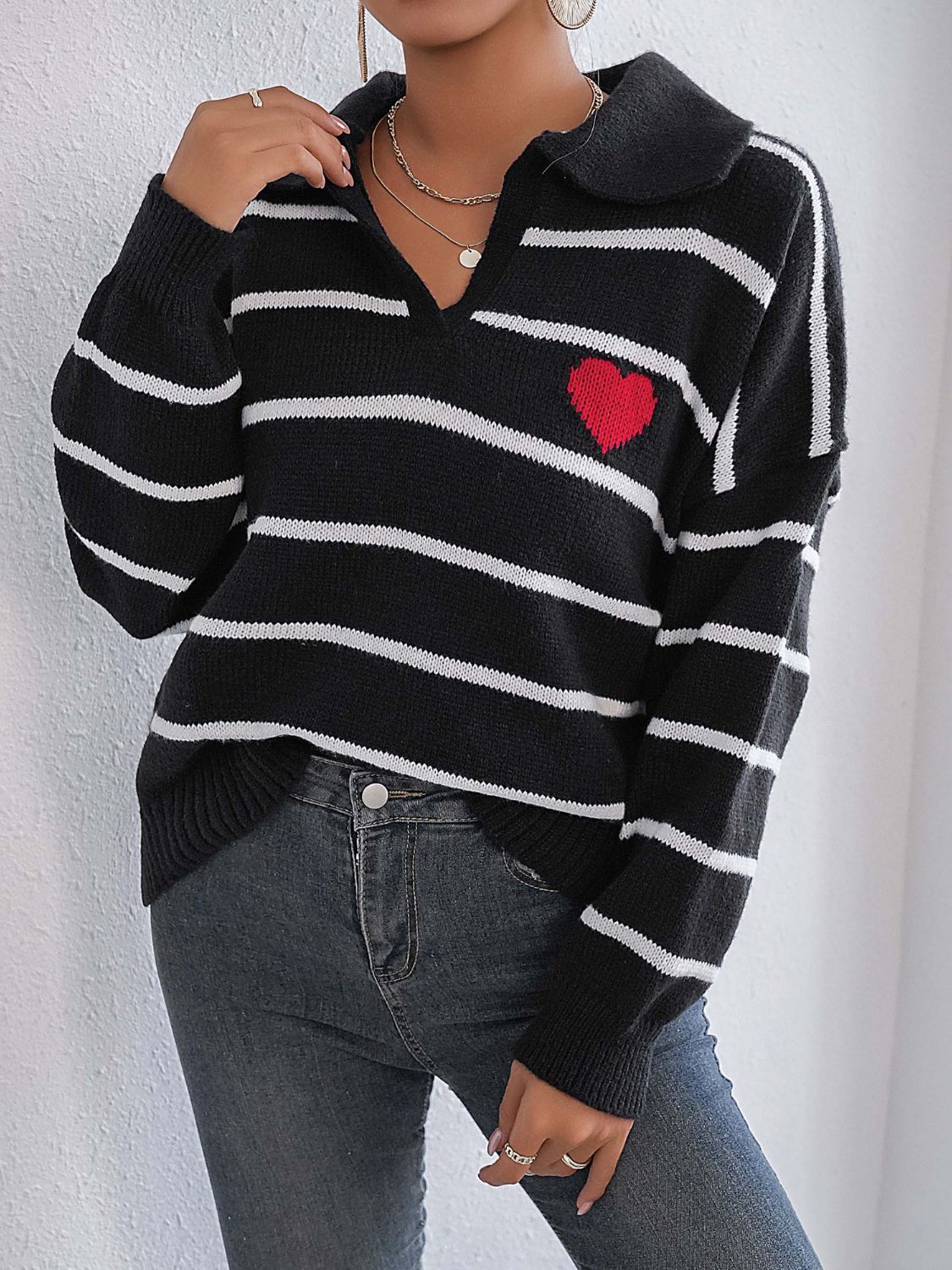 Striped Johnny Collar Long Sleeve Sweater - Black / One Size