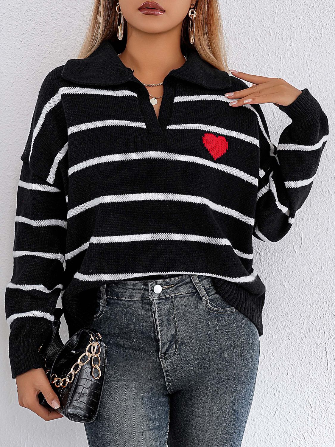 Striped Johnny Collar Long Sleeve Sweater - Black / One Size