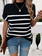 Striped Mock Neck Short Sleeve Sweater