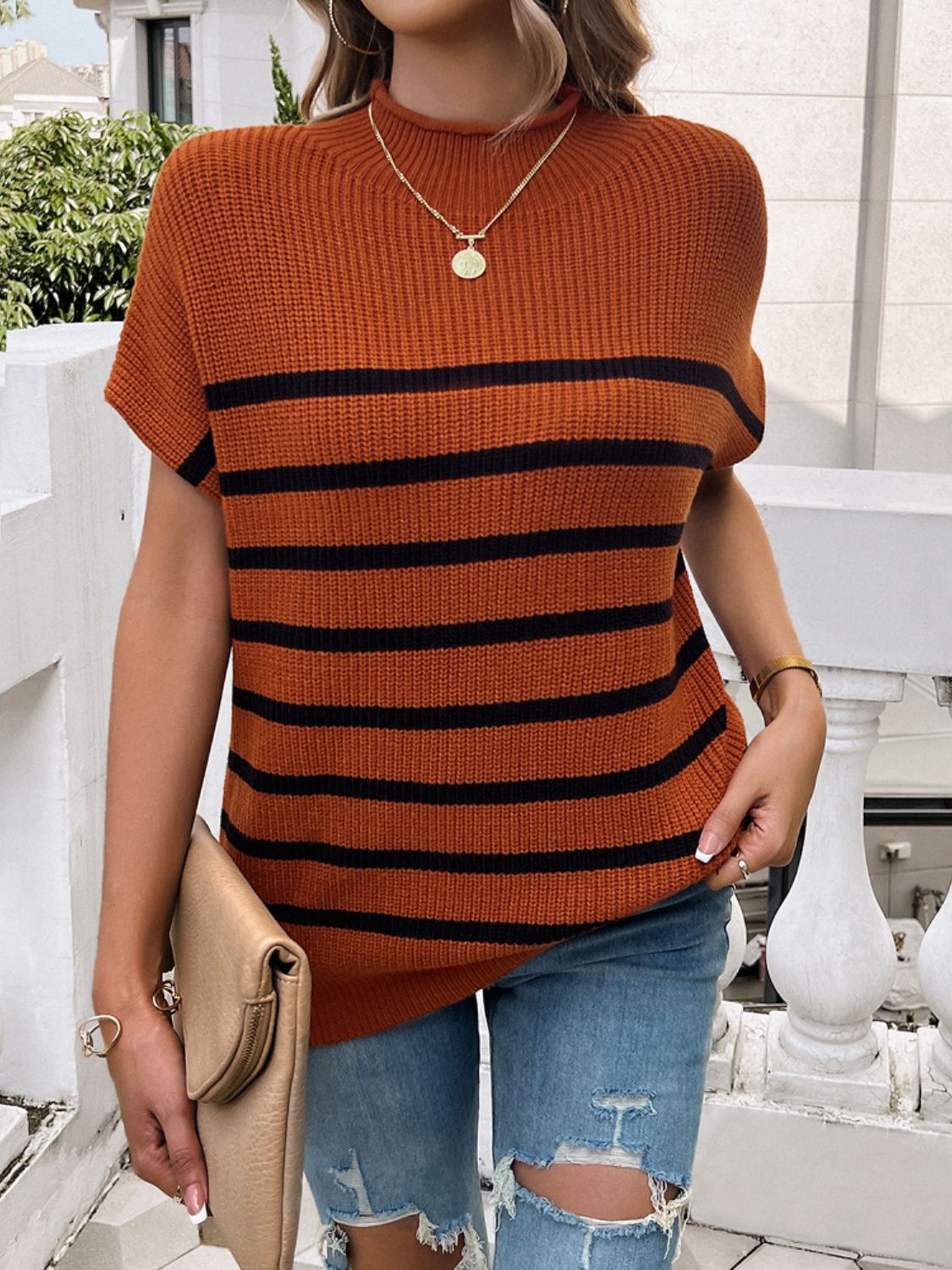 Striped Mock Neck Short Sleeve Sweater - Terracotta / S