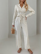 Striped Notched Long Sleeve Tie Waist Jumpsuit - Beige / S