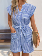 Striped Notched Tie Waist Romper - Light Blue / S