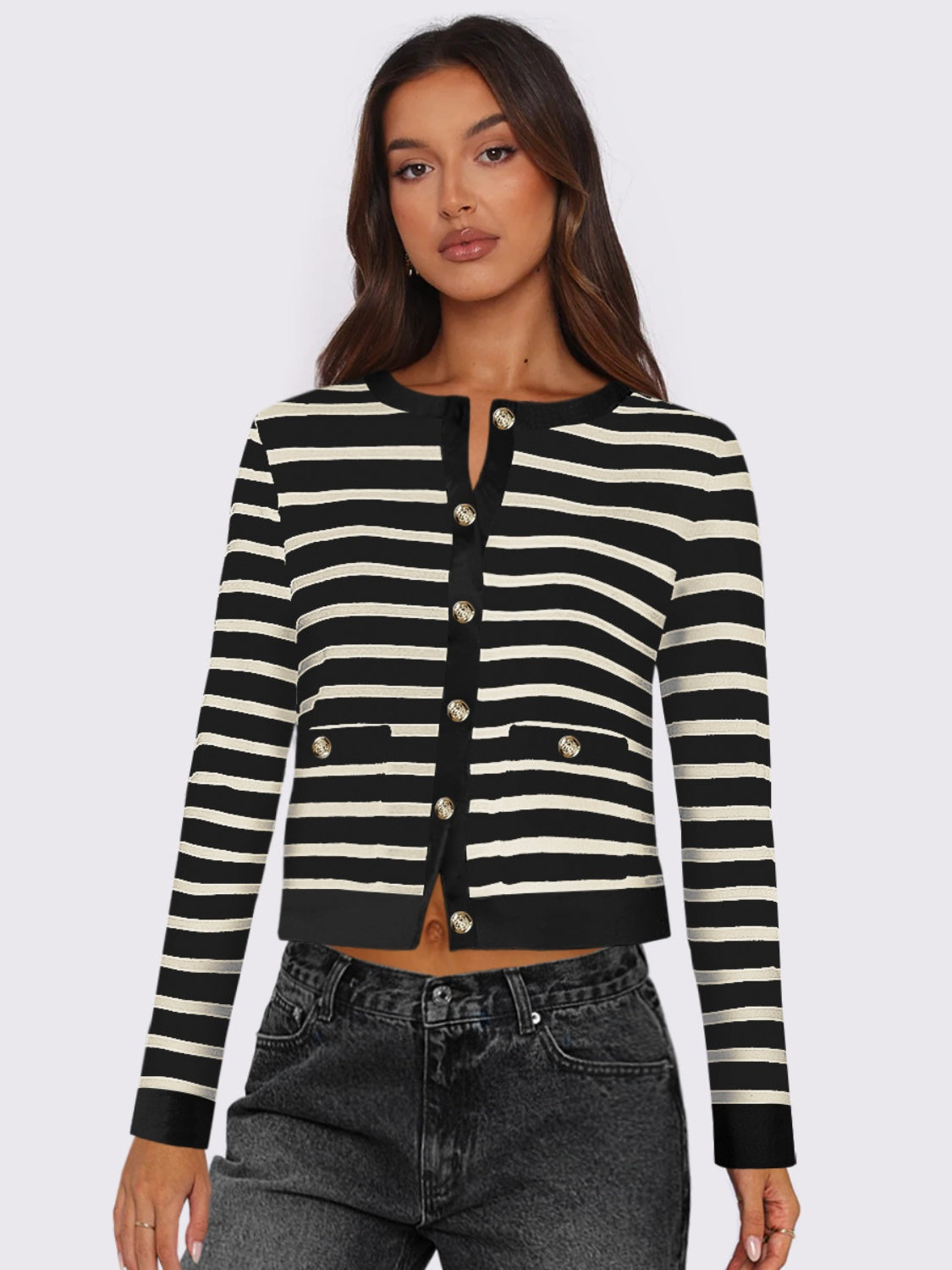 Striped Round Neck Button Up Long Sleeve Cardigan - Black / S